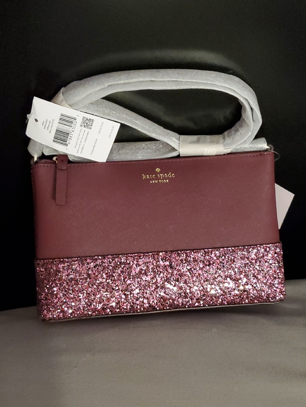 kate spade burgundy and pink glitter crossbody bag